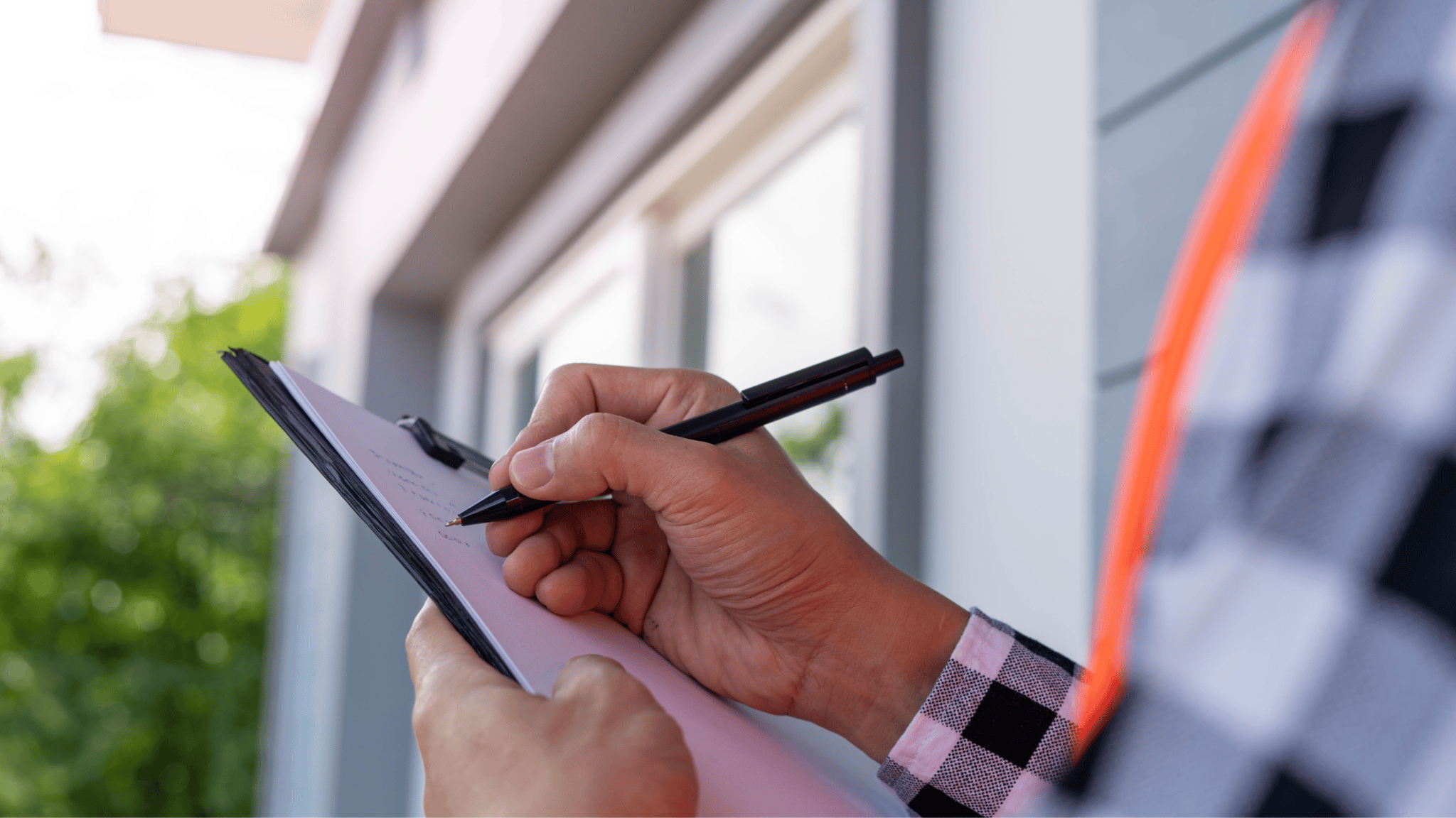 an up close image of a man writing on a home inspection report in front of a house